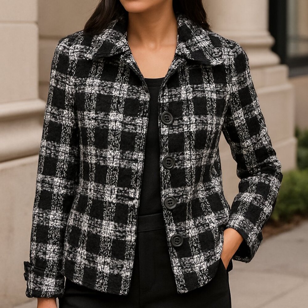 Chico's Medium Women's Black Plaid Tweed Blazer‎ Jacket Button Front Career Chic